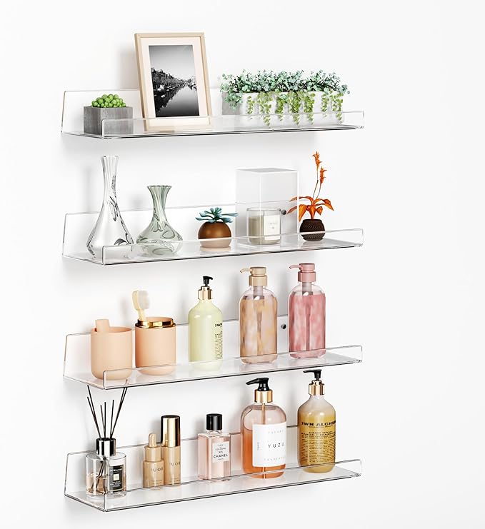Albumgit 4 Pack Acrylic Shelves for Wall Storage, Self-Adhesive 15" Clear Floating Shelf for Pop Figures, Picture, Perfume, Books, Wall Shelf Organizer for Bathroom, Living Room, Bedroom, Kitchen