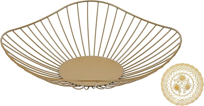 IBWell Antique Curved Edge Fruit Basket for Kitchen Gold Wire Basket Fruit Bowl for Home Decor Metal Wire Fruit Holder for Fruit Vegetable Snacks