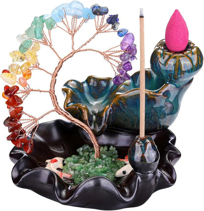 Jovivi Backflow Incense Burner Ceramic Incense Waterfall,7 Chakra Stones Healing Crystal Money Tree Incense Holder for Wealth, Good Luck, Yoga Meditation, Home Decor