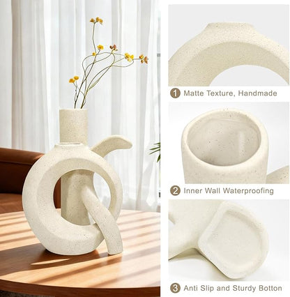 Assemble OK Ceramic Vase Set of 2 for Home Decor, Modern Boho Ins Style Matte Sculptural Flower Vase for Table Centerpiece, Living Room, Shelf, Mantle, Housewarming Gift (Beige White)