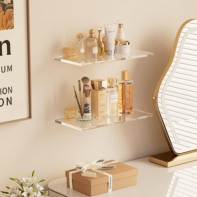 QsQueen Acrylic Floating Shelves with Solid Wood Base, Wall Mounted Shelf for Plants, Perfume, Nail Polish, Bathroom, Bedroom & Living Room Décor