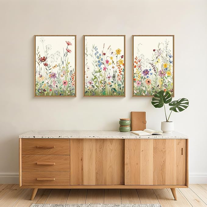 Watercolor Colorful Wildflower Framed Canvas Wall Art Set,Modern Nature Flower Wall Decor,Natural Pink Green Floral Botanical Artwork for Living Room, Bedroom,Farmhouse- 24"x36"x3