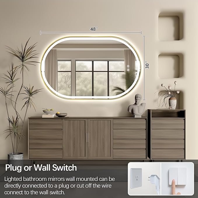 Niccy Oval LED Mirror for Bathroom, 48x30 Front Lit + Backlit Vanity Mirrors with Light Anti-Fog, Shatter-Proof, 3 Colors, Makeup Mirror with Old Gold Frame (Horizontal/Vertical)