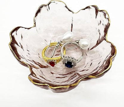 Small Jewelry Dish Tray, Flower Ring Holder, Nightstand Decor Glass Trinket Plate, Crystal Jewlery Bowl for Earrings, Engagement Gifts (Pink)