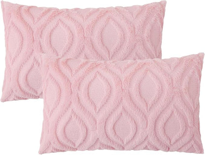 decorUhome Spring Throw Pillow Covers 12x20 Inch Set of 2, Soft Plush Faux Wool Light Pink Solid Couch Pillow Covers, Accent Farmhouse Neutral Square Pillow Cases for Sofa Bed Living Room