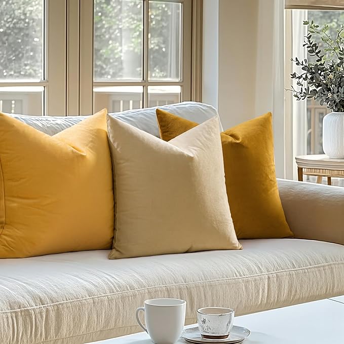 MIULEE Velvet Throw Pillow Covers 16x16 Inch, Pack of 2 - Mustard Yellow, Soft Solid Decorative Pillow Covers Cushion Cases Modern Luxury Home Decor for Spring Couch Sofa Bedroom Livingroom