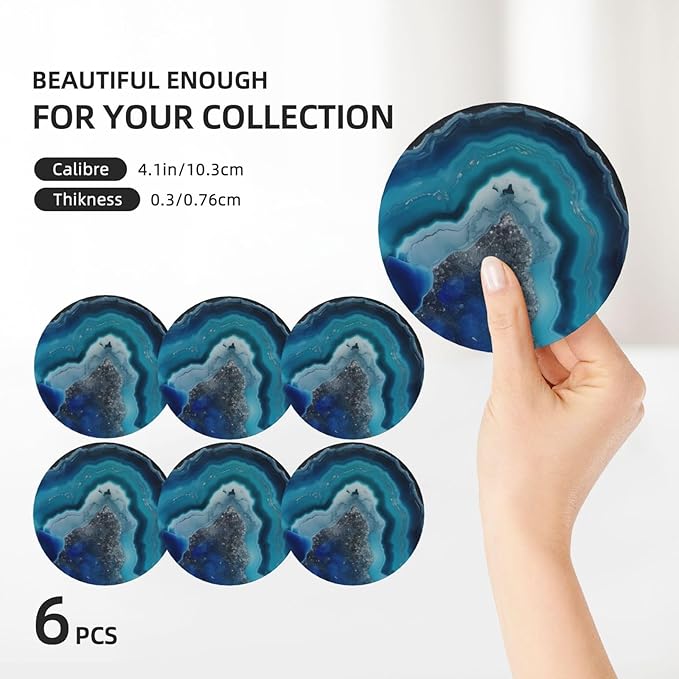 6 Pcs Ceramic Coasters with Holder Absorbent Drink Round Silver and Blue Agate Geode Print Design for Home Table Coffee Cup Wine Beer Bar,Size 4.4 inches