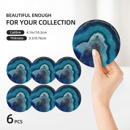 6 Pcs Ceramic Coasters with Holder Absorbent Drink Round Silver and Blue Agate Geode Print Design for Home Table Coffee Cup Wine Beer Bar,Size 4.4 inches