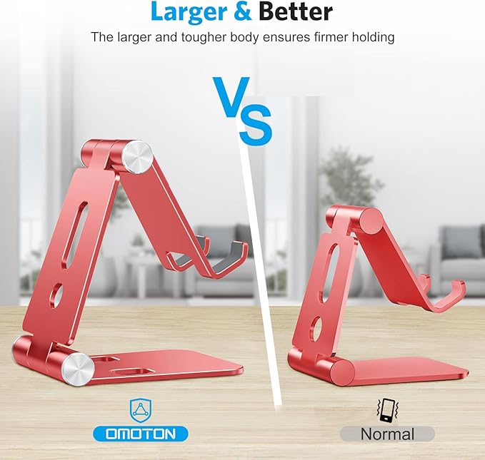 OMOTON Foldable Cell Phone Stand, C4 Portable Aluminum Phone Holder, Adjustable Phone Dock Cradle Compatible with iPhone 17/16/15 Pro Max Air, Samsung Galaxy, Small Tablets and Other Phones, Red