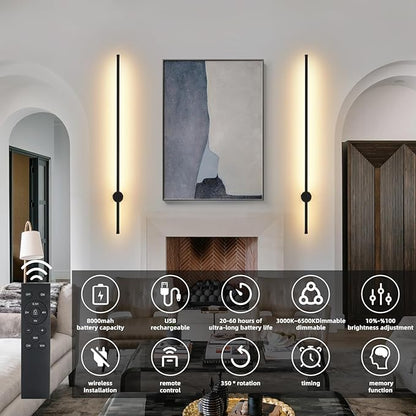 LED Wireless Wall Sconce with Remote Control, Dimmable/350° Rotate/Timing/USB Rechargeable Battery Powered Indoor Wall Lamps, 39.9 inch Black Wall Lights Set of Two for Hallway, Living Room, Bedroom