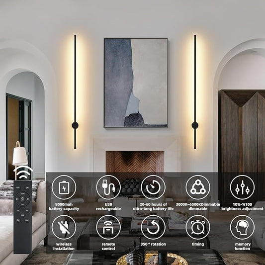 LED Wireless Wall Sconce with Remote Control, Dimmable/350° Rotate/Timing/USB Rechargeable Battery Powered Indoor Wall Lamps, 39.9 inch Black Wall Lights Set of Two for Hallway, Living Room, Bedroom