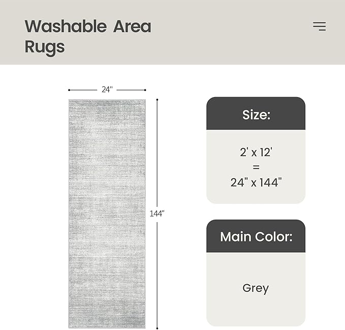 Valenrug Washable Rugs 2x12 - Stain Resistant 2x12 Area Rugs for Living Room, Non Slip Backing Large Area Rugs for Bedroom, Folable Machine Washable Area Rug (2'x12', Grey)