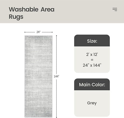 Valenrug Washable Rugs 2x12 - Stain Resistant 2x12 Area Rugs for Living Room, Non Slip Backing Large Area Rugs for Bedroom, Folable Machine Washable Area Rug (2'x12', Grey)