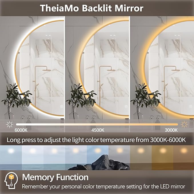 48" Round LED Bathroom Mirror, Wall Mounted Round Backlit Mirror LED Bathroom Vanity Mirror with Lights Fog Free Circle Lighted Mirror with Gold Frame, Smart Light up Mirror 3-Color