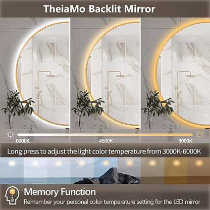 48" Round LED Bathroom Mirror, Wall Mounted Round Backlit Mirror LED Bathroom Vanity Mirror with Lights Fog Free Circle Lighted Mirror with Gold Frame, Smart Light up Mirror 3-Color
