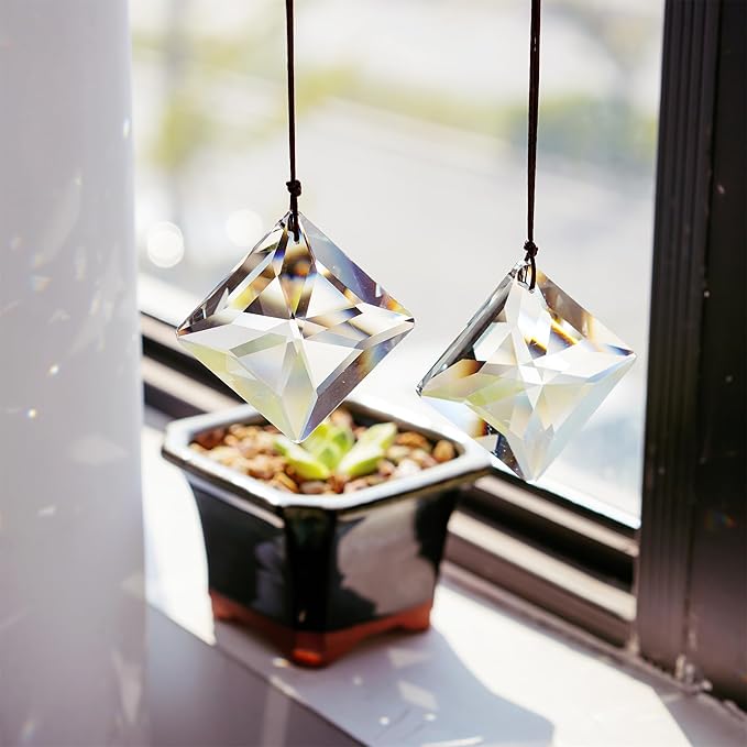 HDCRYSTALGIFTS 2PCS 50mm Clear Crystal Sun Catcher Prisms, Hanging Suncatchers with Glass Prism, Rainbow Maker for Windows, Balcony, Kitchen, Garden, Christmas Tree Decoration