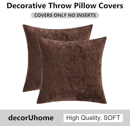 decorUhome Chenille Brown Throw Pillow Covers 22x22 Inch Set of 2, Decorative Soft Couch Pillow Covers Solid Dyed Accent Velvet Farmhouse Neutral Square Pillow Cases for Sofa Bed Living Room