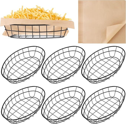 Tobeelec 6 Pcs Modern Elegant Black Oval Metal Wire Bread Basket, 9.6 x 6.2 x 2.2 Inch, Reusable, Durable & Rust-Resistant, Ideal for Bread, Pizza & More