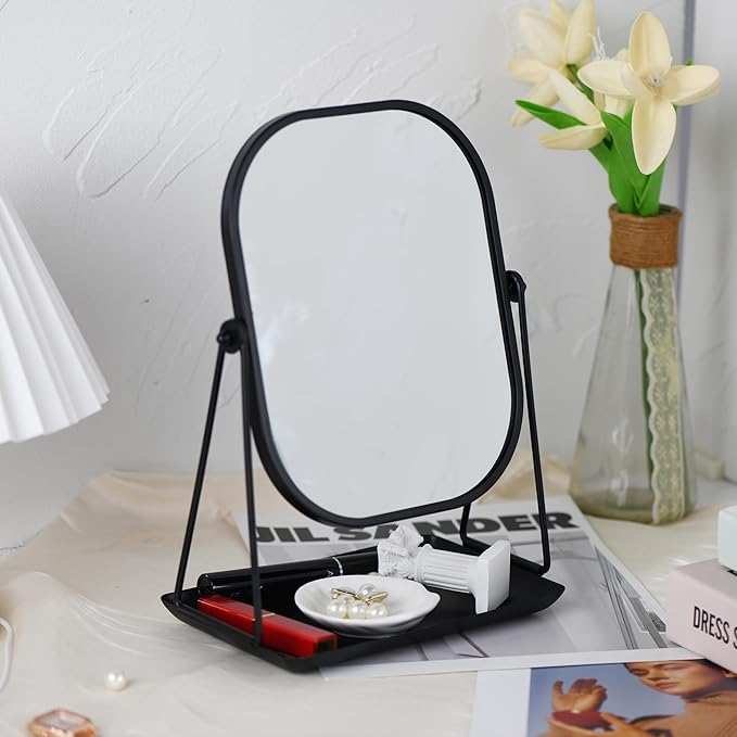 360 Degrees Rotating Metal Makeup Mirror with Storage, Vanity Mirror for Desk, Bathroom, Bedroom, Dressing Table (Black)