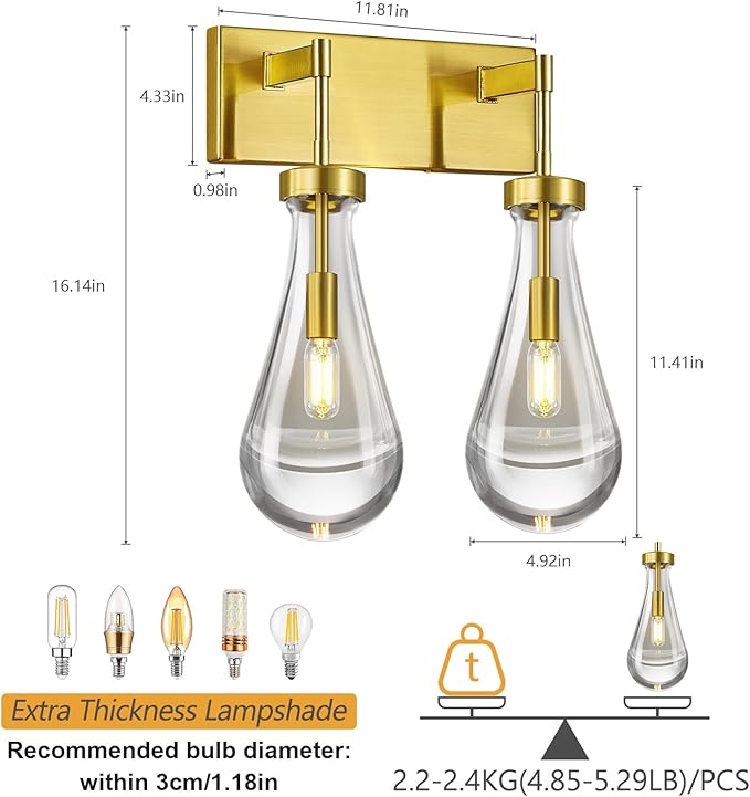 Raindrop Wall Sconces Gold Crystal Sconces Wall Decor Modern Lighting Glass Bathroom Sconces Indoor Vanity Light Wall Lamp for Bedroom Living Room Stair(2-Light)