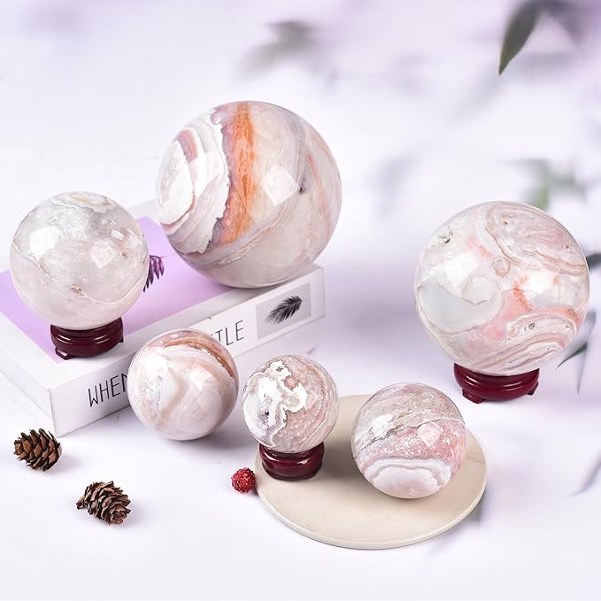 JIC Gem Large Pink Crystal Sphere with Stand Agate Crystal Ball Gemstone Decorative Ball for Home Decor Altar Reiki Healing Gift 80-90mm