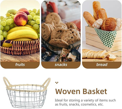 Woven Iron Wire Basket with Handles Small Size Desktop Fruit Holder Bread and Snack Storage Basket for Kitchen Countertop Organization