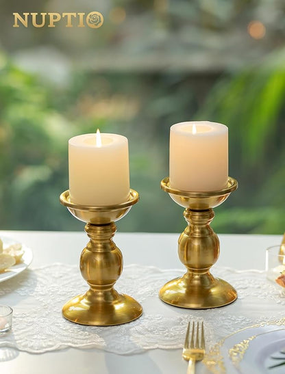 NUPTIO Gold Candle Holder for Table: Brass Pillar Candle Stand Decorative for Fireplace Decor - Metal Vintage Candleholder for Christmas New Year Party Centerpiece(2 x S)