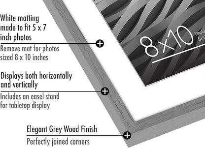 Americanflat 8x10 Picture Frame with Shatter-Resistant Glass - Use as 5x7 Frame with Mat or Display 8x10 Photo Without Mat - Streamline Collection - Picture Frames for Tabletop and Wall - Grey