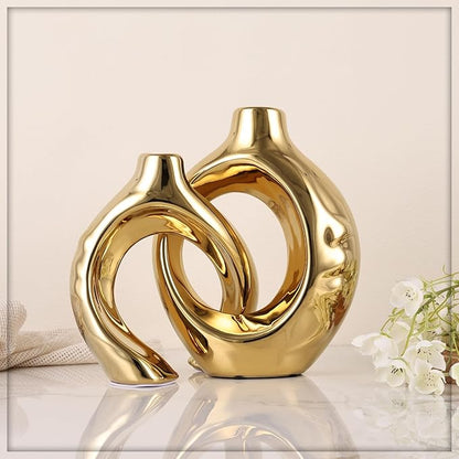 Gold Home Decor Ceramic Vase, Round Vase with Holes Set of 2, Suitable for Wedding Entrance Decoration, Bookshelf, Mantel, Unique Home Decor (Gold)