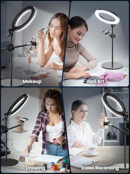 Selfie Ring Light with Stand and Phone Holder,Overhead Phone Mount with 10.5" Ring Lights,Desk Circle Lingt with Tripod Adjustable Shooting Arm for Video Recording,YouTube,TikTok,Live Streaming