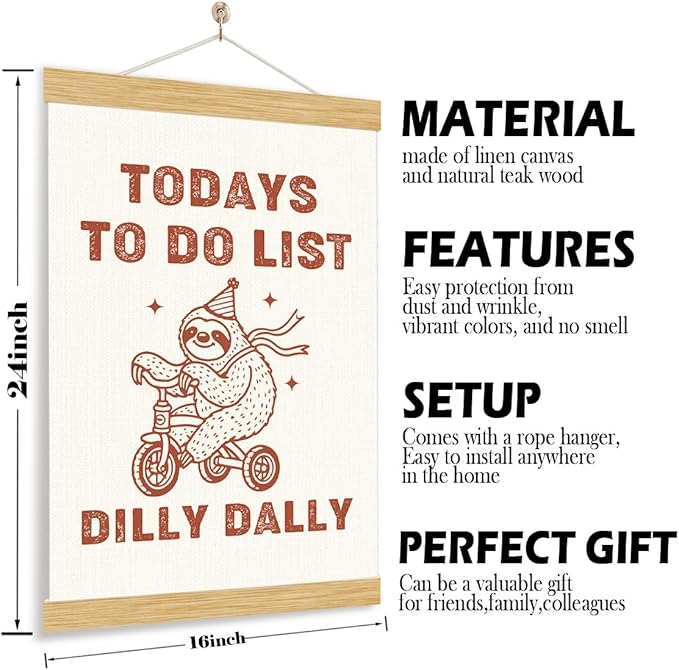 YGSDZY Cute Sloth Canvas Poster, Today to Do List Dilly Dally Poster, Mental Health Posters, Positive Mindset Wall Decor, Funny Cute Home Office Decor, Living Room Decors, 11.8 * 15.7