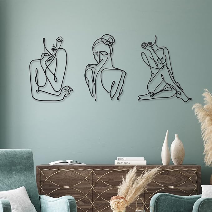Photect 3 Pcs Metal Wall Art Decor Minimalist Abstract Woman Wall Art Metal Modern Line Drawing Decor Female Single Line Home Hanging for Bedroom Bathroom Living Room Christmas Housewarming(Modern)