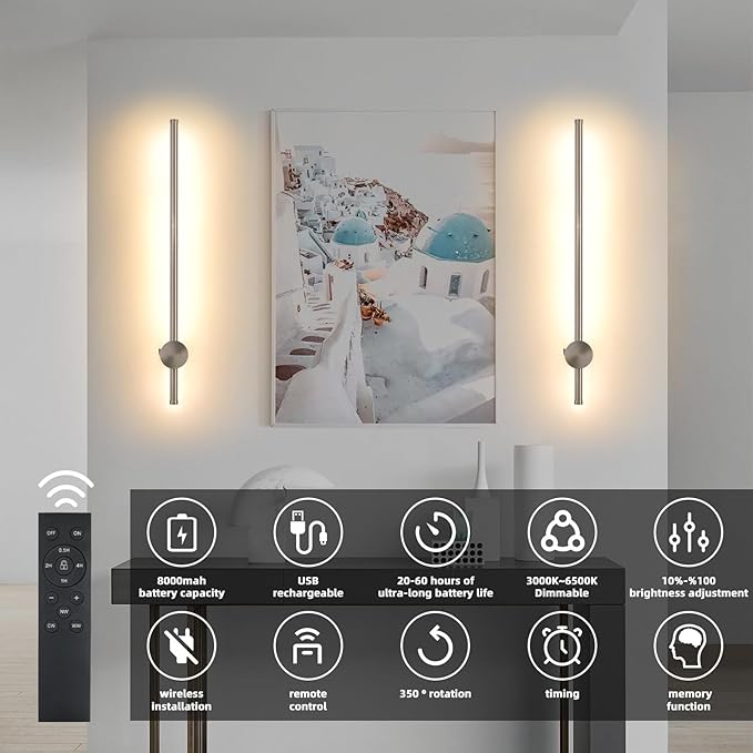 Battery Operated Wall Sconces with Remote, Dimmable 3000K-6000K/Timer/Memory LED Wall Lamp, 350°Rotate, USB Rechargeable Wireless wall lights for Living Room, Bedroom Brushed Nickel 23.6" (2 Pack)