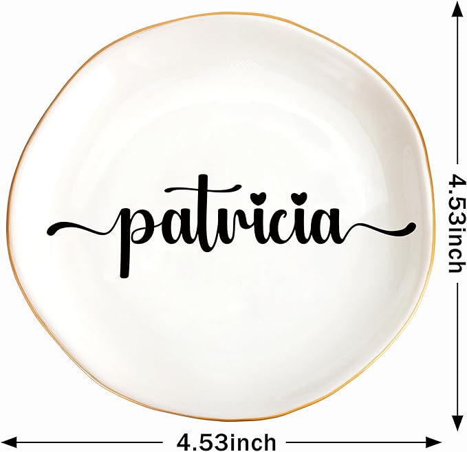 JoycuFF Patricia Personalized Name Ceramic Jewelry Tray, Mothers Day Christmas Anniversary Engagement Birthday Gifts for Women Couples, Trinket Dish for Rings Earrings Necklaces Bracelets Keys