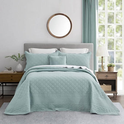 CHIXIN Cotton Bedspread Full Size - Real Stitching - Luxury Quilted Bedding Cover for All Season, Reversible, Ultra Soft, Lightweight, 3 Piece, Pale Blue