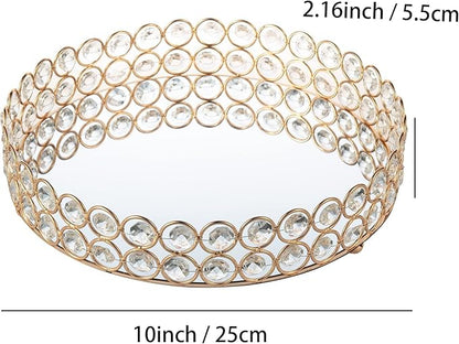Feyarl Crystal Perfume Tray Makeup Cosmetic Vanity Organizer Jewelry Trinket Display Storage Mirrored Decorative Tray Skin Care Tray for Dresser Home Deco Birthday Gift(Round 10" inch) (Gold)