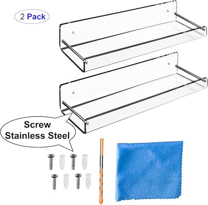 AMT 2 Pack Acrylic Floating Shelves, 15" L x 4" W, Clear Bathroom Wall, Bookshelves, Invisible Display for Office, Bedroom, Small Gap Allows Water to Escape, Free Screws & Drill Bit (L- New Model)