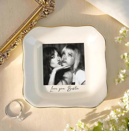 Chillever Personalized Besties Photo Ring Dish, Custom Jewelry Dish Gift for Besties, Soul Sister Trinket Gift for Long Distance Friendship Women BFF Christmas Birthday Wedding Gifts DS1