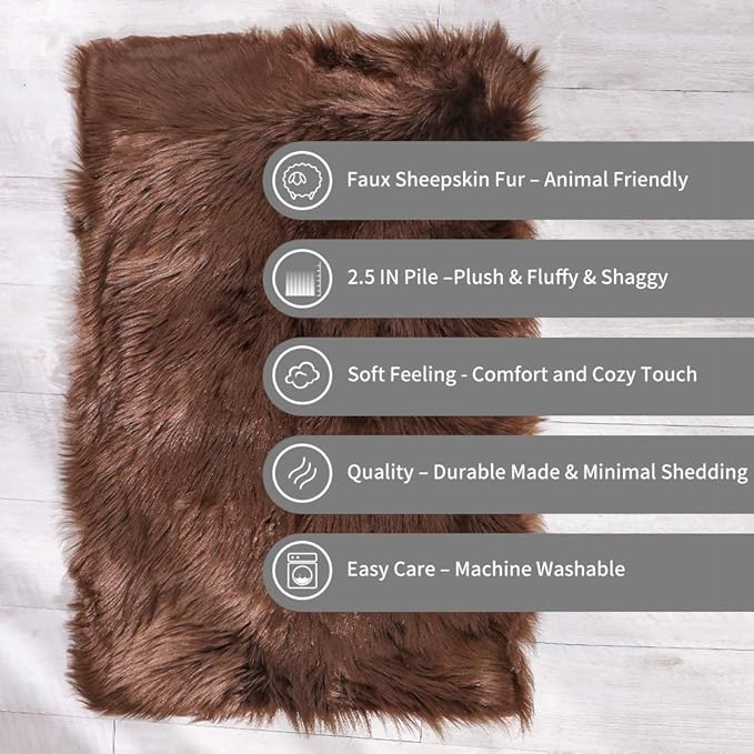 Carvapet 2x3 Brown Faux Sheepskin Area Rug – Fluffy Shaggy Soft Fur Floor Mat, Plush Bedside Carpet and Sofa Cover for Bedroom, Living Room, Nursery