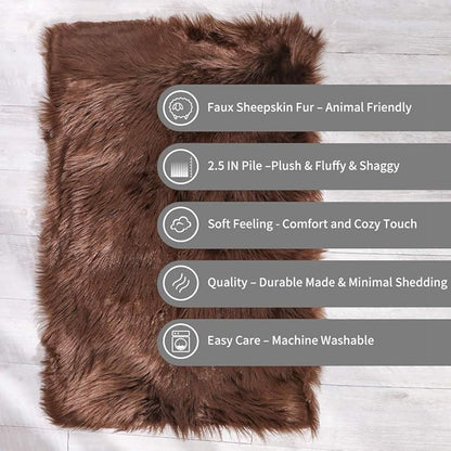 Carvapet 2x3 Brown Faux Sheepskin Area Rug – Fluffy Shaggy Soft Fur Floor Mat, Plush Bedside Carpet and Sofa Cover for Bedroom, Living Room, Nursery