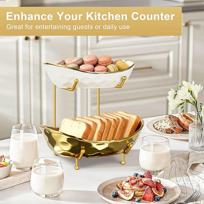 Ceramic Fruit Bowl for Kitchen Counter - 2 Tier Fruit Bowls with Metal Stand, Tiered Fruit Basket Stand for Countertop, Snack, Nuts, Cake, Dessert, Small & Cute (Gold)