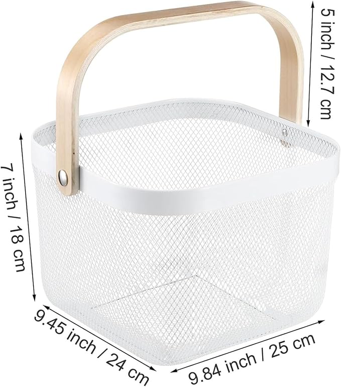 Metal Mesh Wire Basket, Large Steel Basket with Wooden Handle Storage Organizer Basket Multi-functional Hanging Kitchen Baskets Fruit Baskets for Kitchen Bathroom Cabinet Pantry Snacks, White