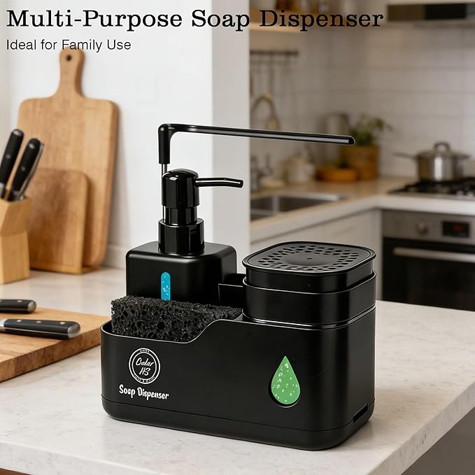 Kitchen Hand and Dish Soap Dispenser Set (Black) – Dual Pump Bottles with Sponge Caddy, Brush Holder, Towel Bar & Drain Rack – Space-Saving Countertop Organizer for Sink & Bathroom