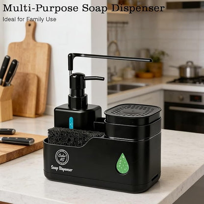 Kitchen Hand and Dish Soap Dispenser Set (Black) – Dual Pump Bottles with Sponge Caddy, Brush Holder, Towel Bar & Drain Rack – Space-Saving Countertop Organizer for Sink & Bathroom