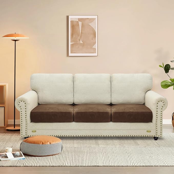 MAXIJIN Velvet Stretch Cushion Covers Fitted Couch Cushion Slipcovers Sofa Seat Cushion Covers for Individual Cushions with Elastic Bottom (3 Piece Sofa Seat Slipcovers, Dark Coffee)