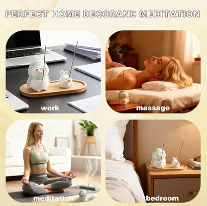3 Pcs-Incense Holder Cute Resin Rabbit Incense Stick Holder Set with Bamboo Ash Catcher Tray - Animal Incense Burner for Meditation, Yoga & Home Decor (Fits Standard Incense Sticks)