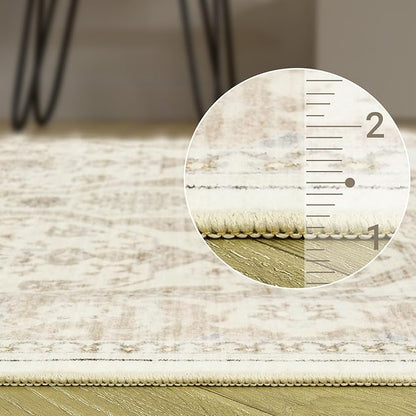 Area Rug 6x9, Washable Rugs, Stain Resistant Gray Area Rugs for Living Room Bedroom Dining Room, Vintage Farmhouse Rug Beige