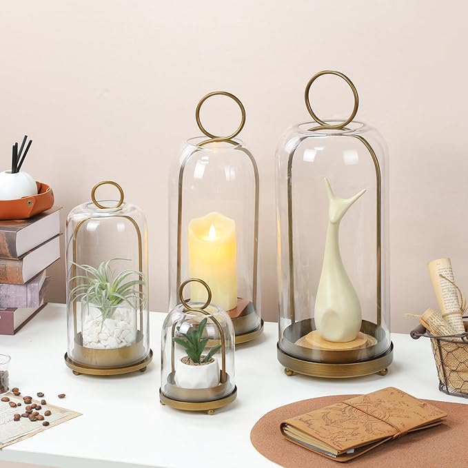 12" High Versatile Modern Metal Hurricane Lantern with Handmade Sturdy Glass Dome in Antique Brass for Pillar Candle & Plants, Industrial, Farmhouse, Shabby Chic (Brass, 5"x12")