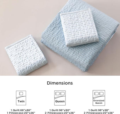 Litanika Quilt Queen Size Pale Blue, Stripe Patchwork Summer Bedspread Coverlet 3 Pieces, Soft Lightweight Microfiber Quilted Bedding Set for All Season(1 Quilt, 2 Pillowcases)
