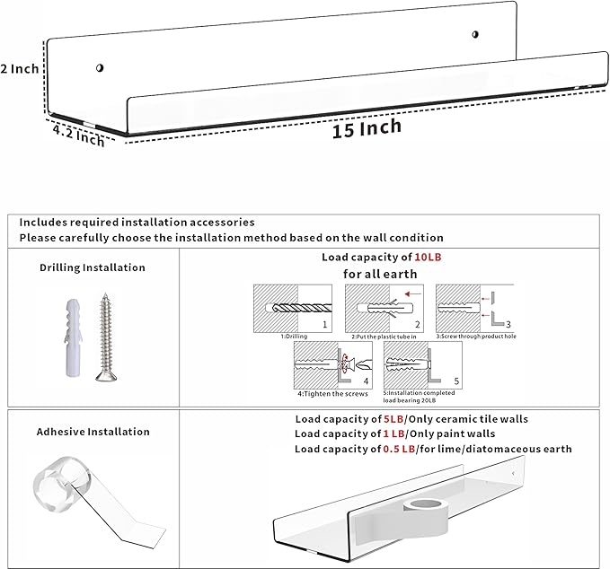 6 Pack Clear Acrylic Shelves for Wall with Adhesive,15 Inch No Drill Floating Shelves for Bathroom,Bedroom,Renter Friendly,Kids Room Bookshelf,Wall Display Shelf for Lego,Funko Pop,Figurine,Perfume